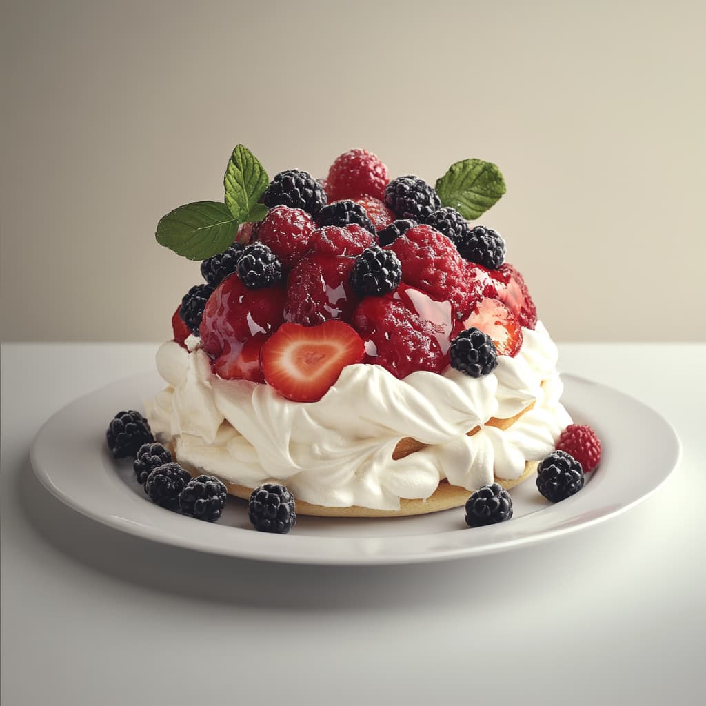 Une pavlova délicieuse avec une base de meringue légère et croquante, garnie de crème chantilly onctueuse et surmontée de fruits frais comme des fraises, des framboises et des mûres. Une touche de menthe fraîche ajoute une note de couleur et de fraîcheur à ce dessert magnifique.