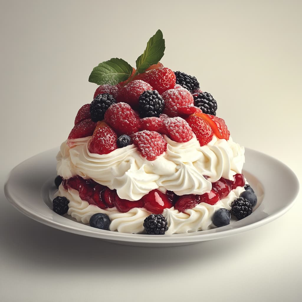 Une pavlova élégante, avec des fruits rouges et noirs recouverts d'un sirop fruité, reposant sur une meringue légère et accompagnée de crème chantilly, le tout sublimé par une feuille de menthe fraîche.
