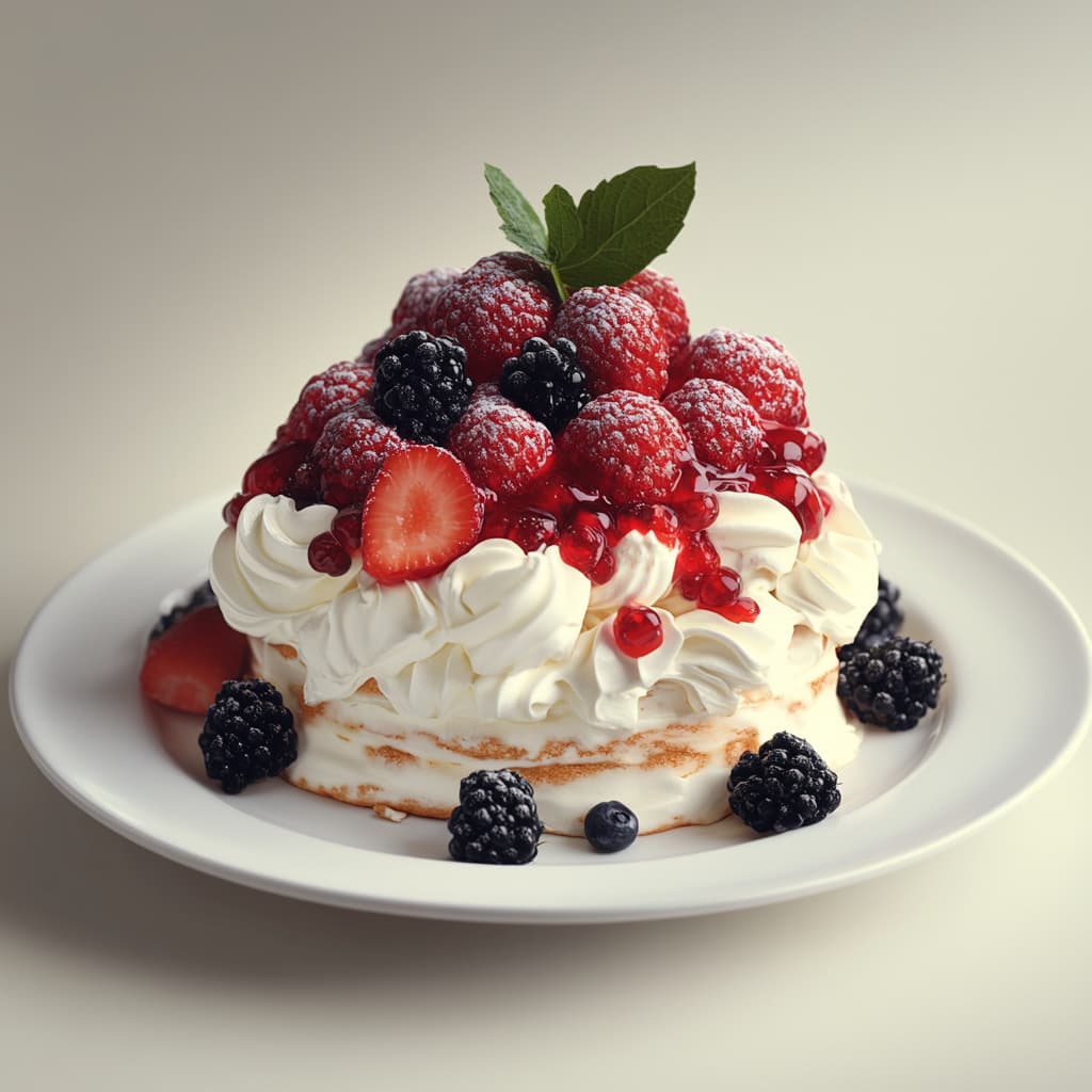 Une pavlova impressionnante, avec une meringue légère, une généreuse couche de crème chantilly, et des fruits frais tels que des fraises, des framboises et des mûres, accompagnés de menthe fraîche