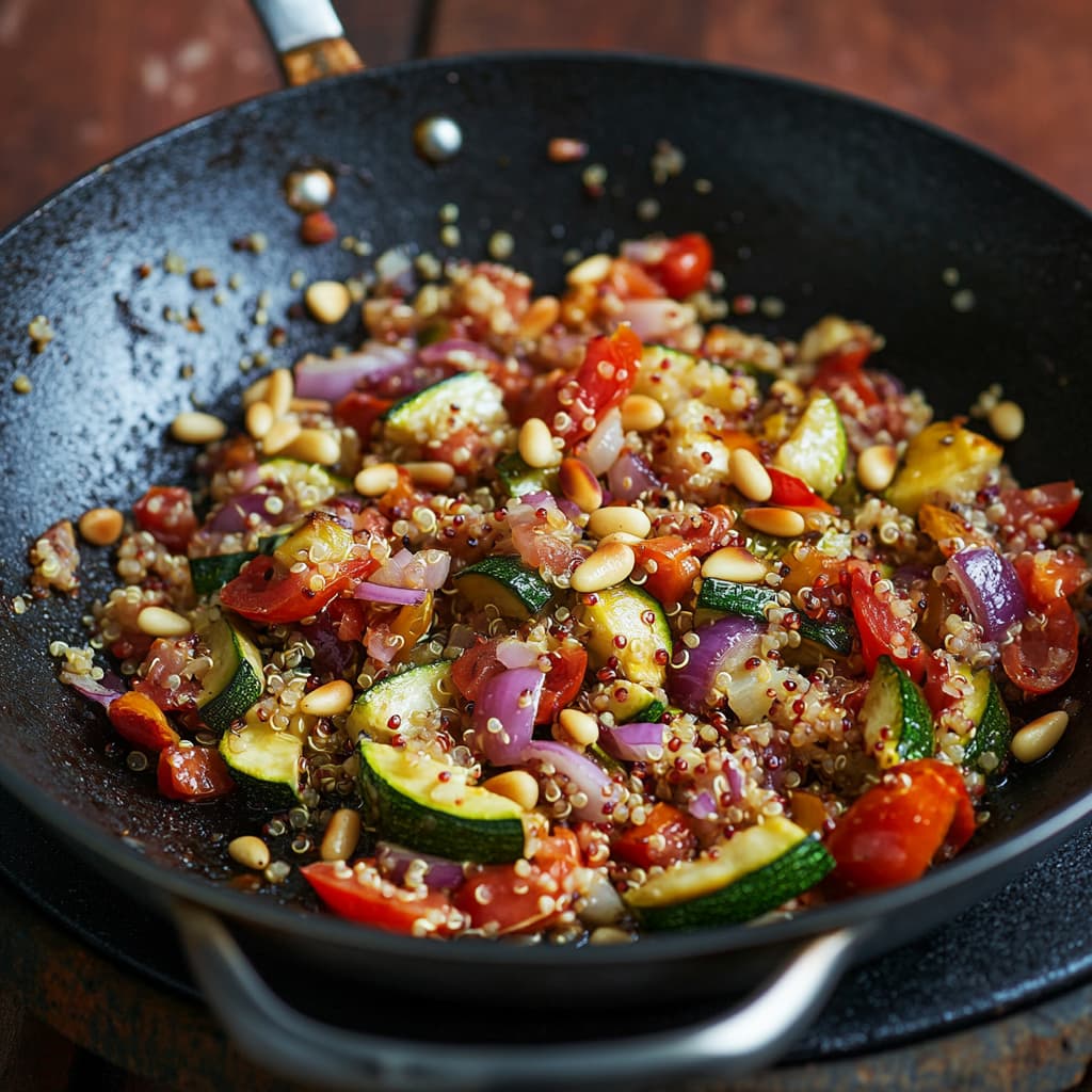 Des légumes, du quinoa et des pignons de pin en train de sauter dans une poêle, avec des courgettes et des tomates cerises