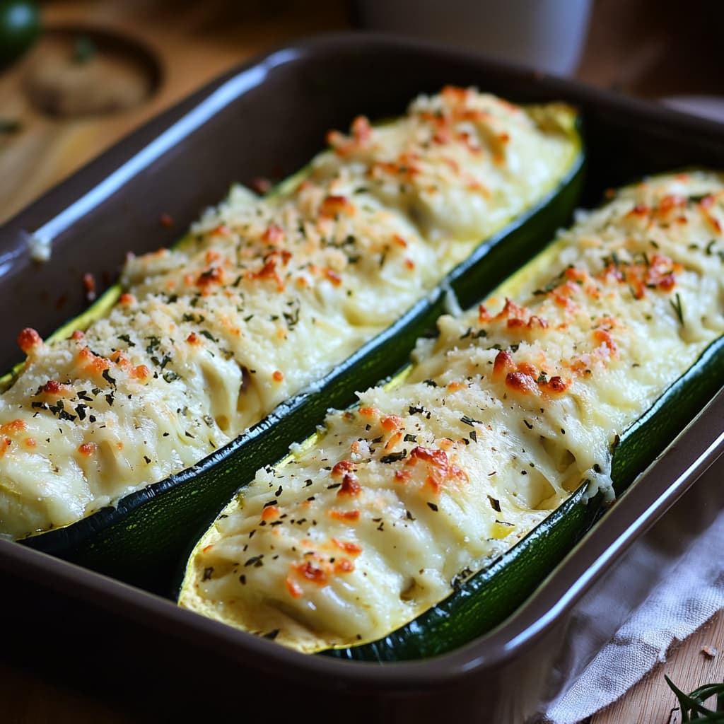 Courgettes farcies végétariennes gratinées au fromage, dorées et parfumées avec des herbes fraîches, prêtes à être servies.
