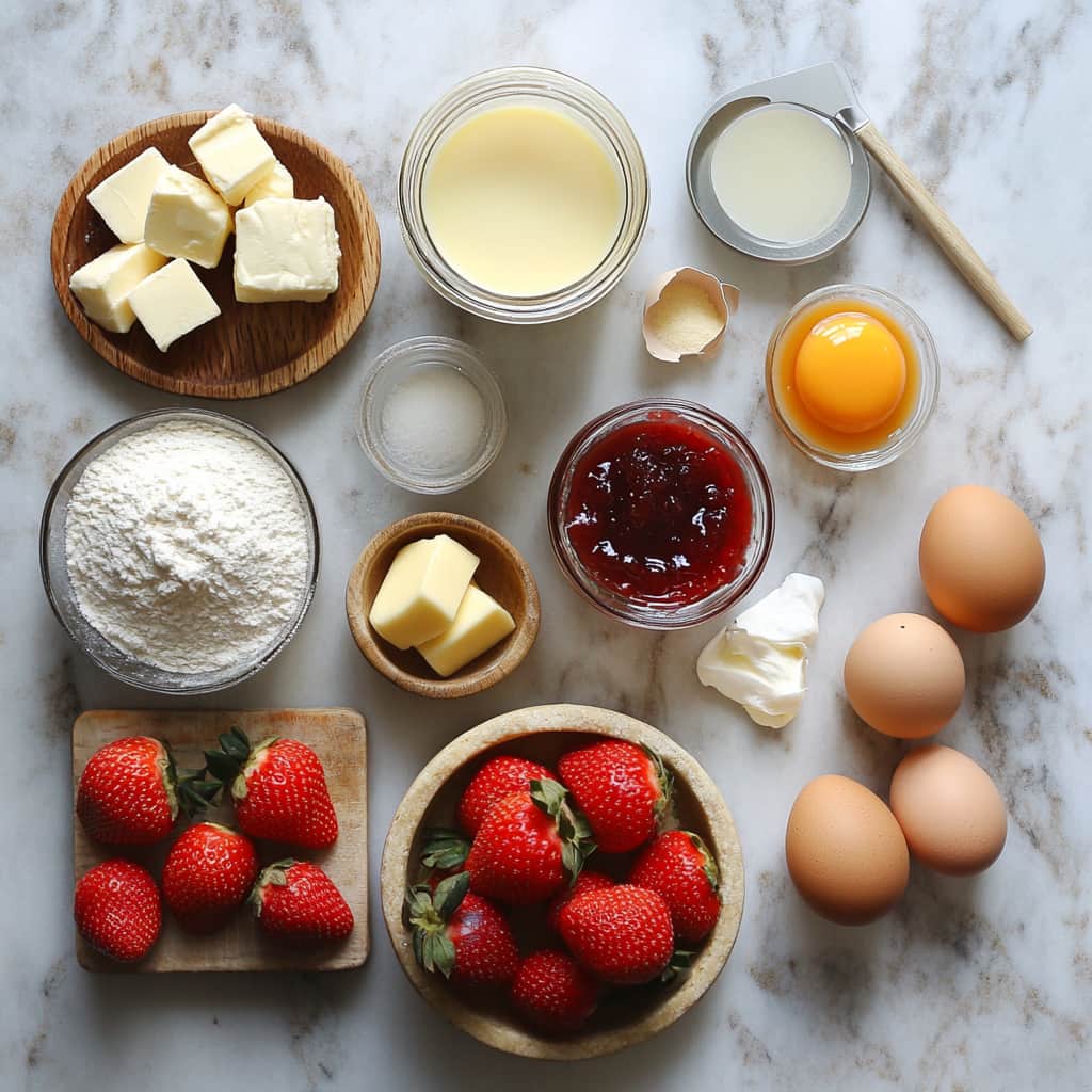 Ingrédients pour préparer une tartelette aux fraises : farine, beurre, œufs, sucre, lait et confiture.