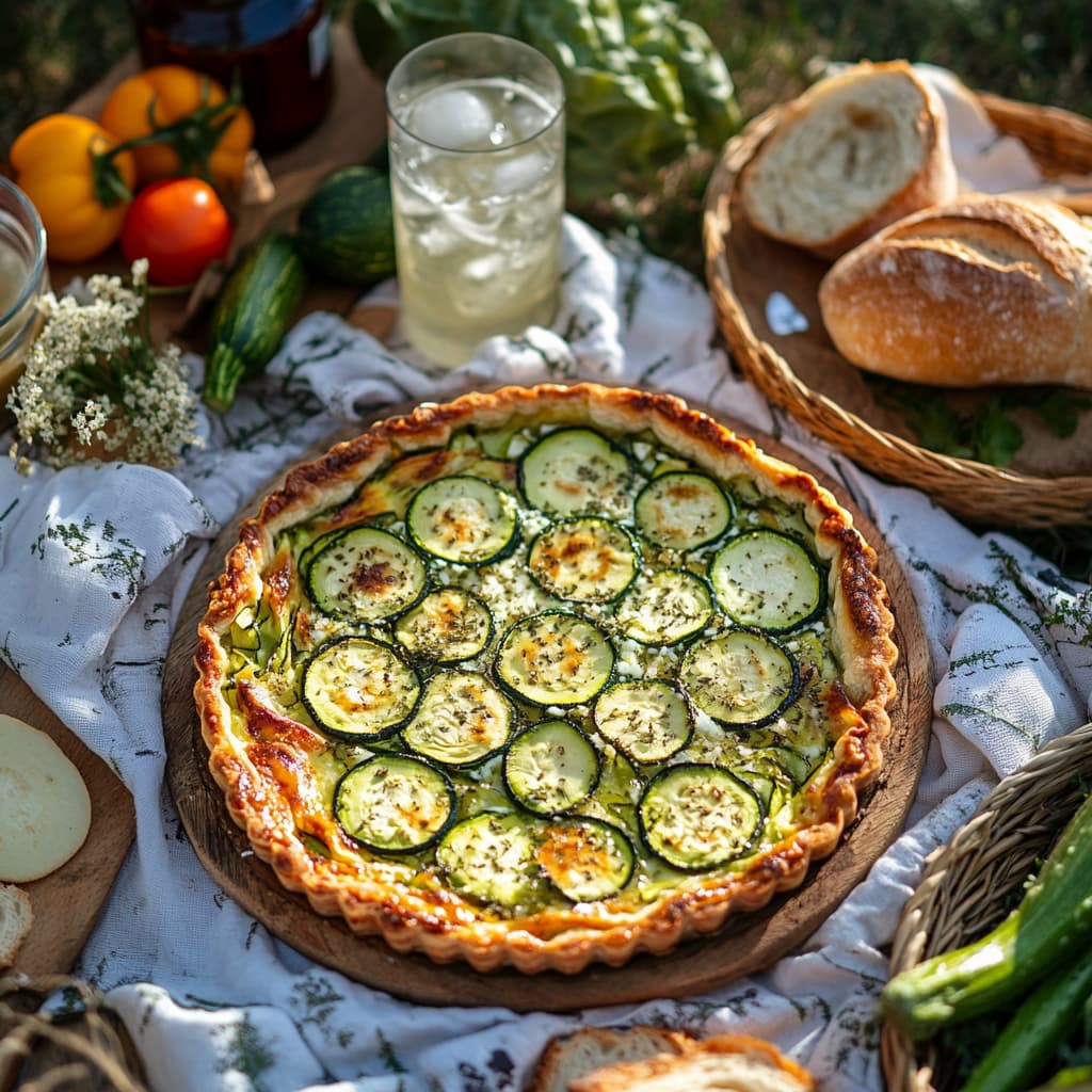 Tarte courgette chèvre froide servie en pique-nique, avec des légumes frais et des boissons.