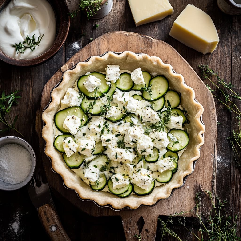 Assemblage de la tarte courgette et chèvre avant cuisson, avec la garniture prête à être versée.