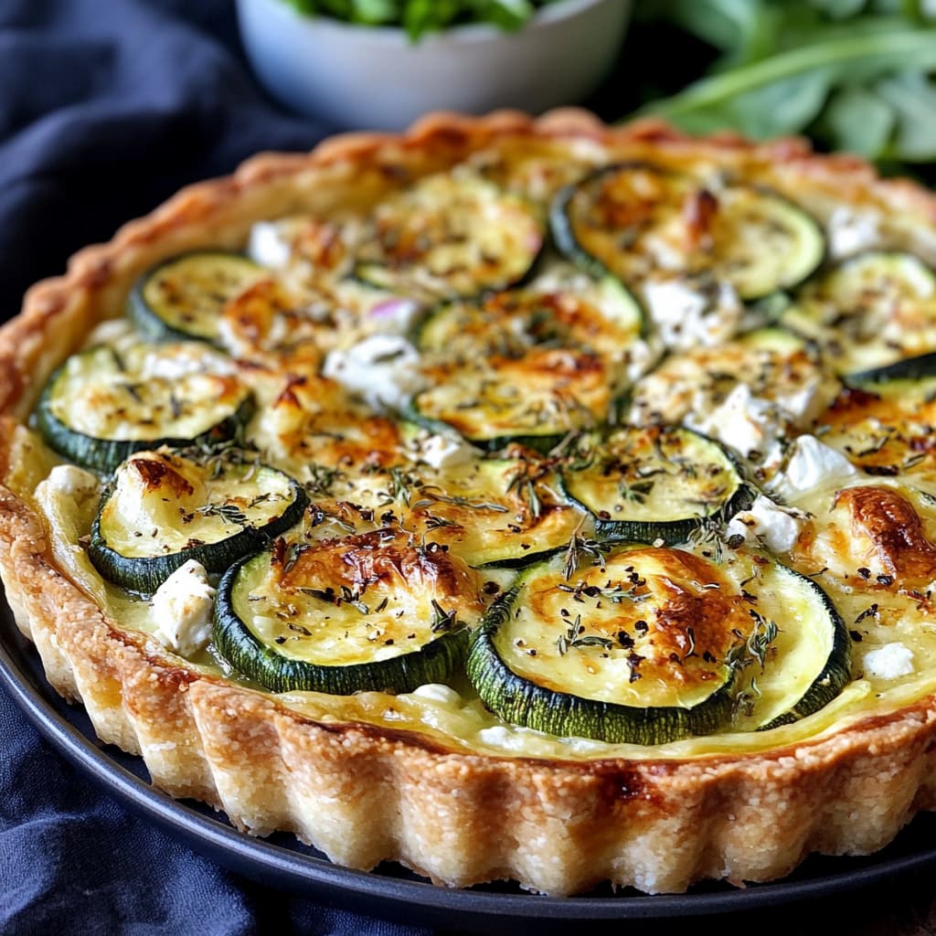 Une image d'une tarte courgette chèvre sortie du four, montrant la garniture dorée et crémeuse avec des r