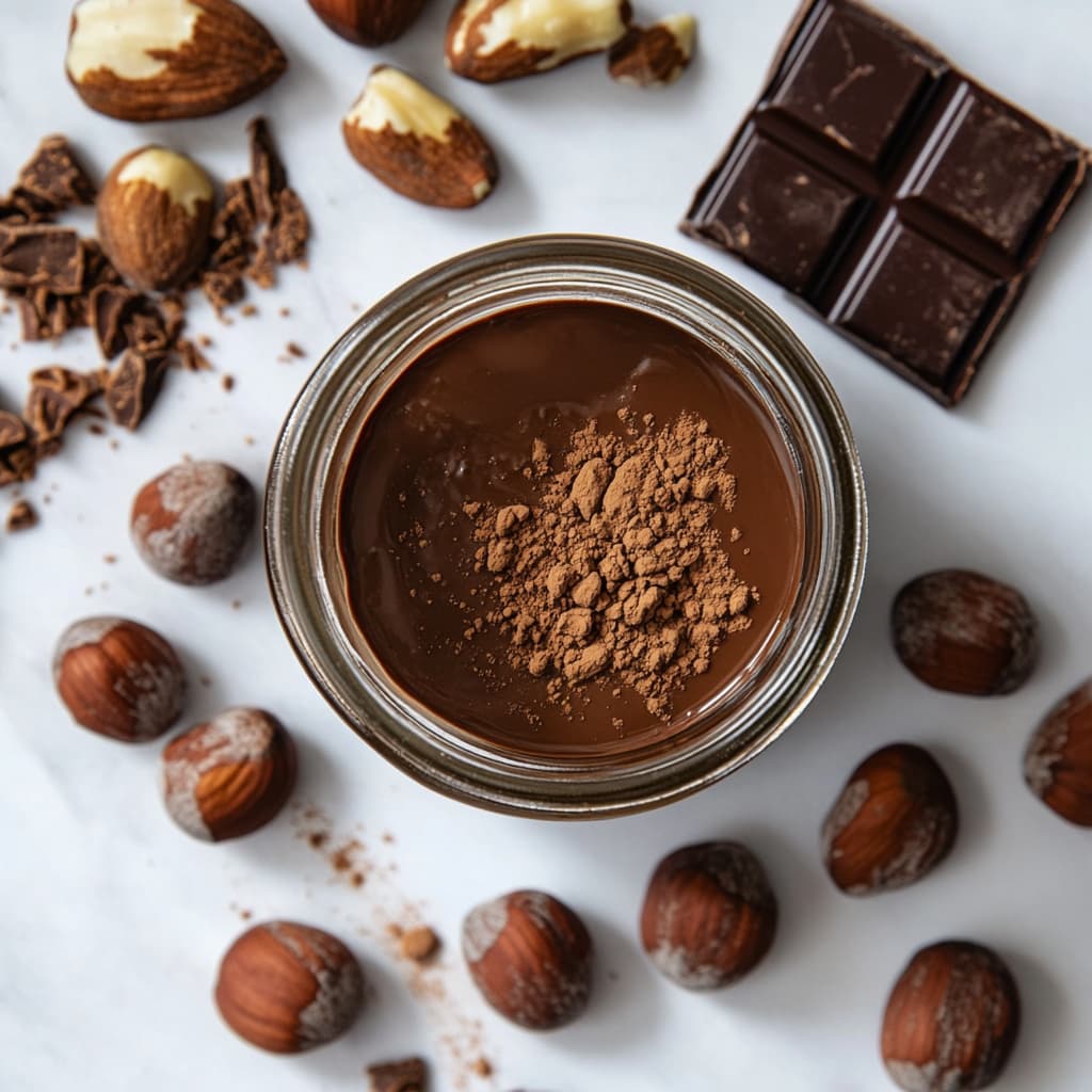 Pot de pâte de noisettes avec du cacao en poudre sur le dessus, entouré de noisettes entières et de morceaux de chocolat.