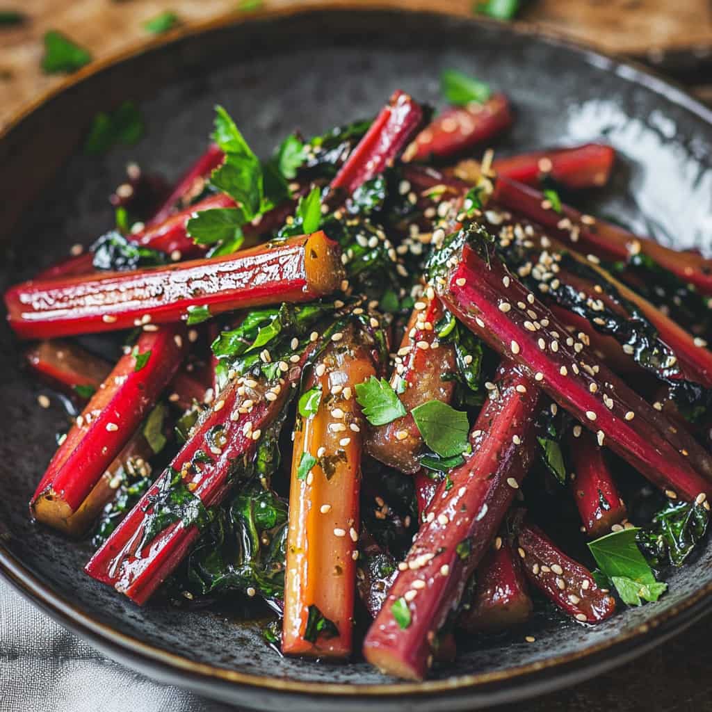 Une assiette de côtes de blettes sautées, garnies de graines de sésame et d’herbes fraîches.