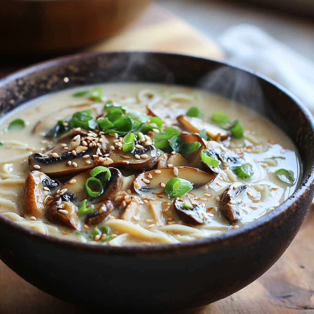 Un bol de ramen végétarien fumant avec un bouillon crémeux à la noix de coco, garni de champignons tranchés, d'oignons verts et de graines de sésame.