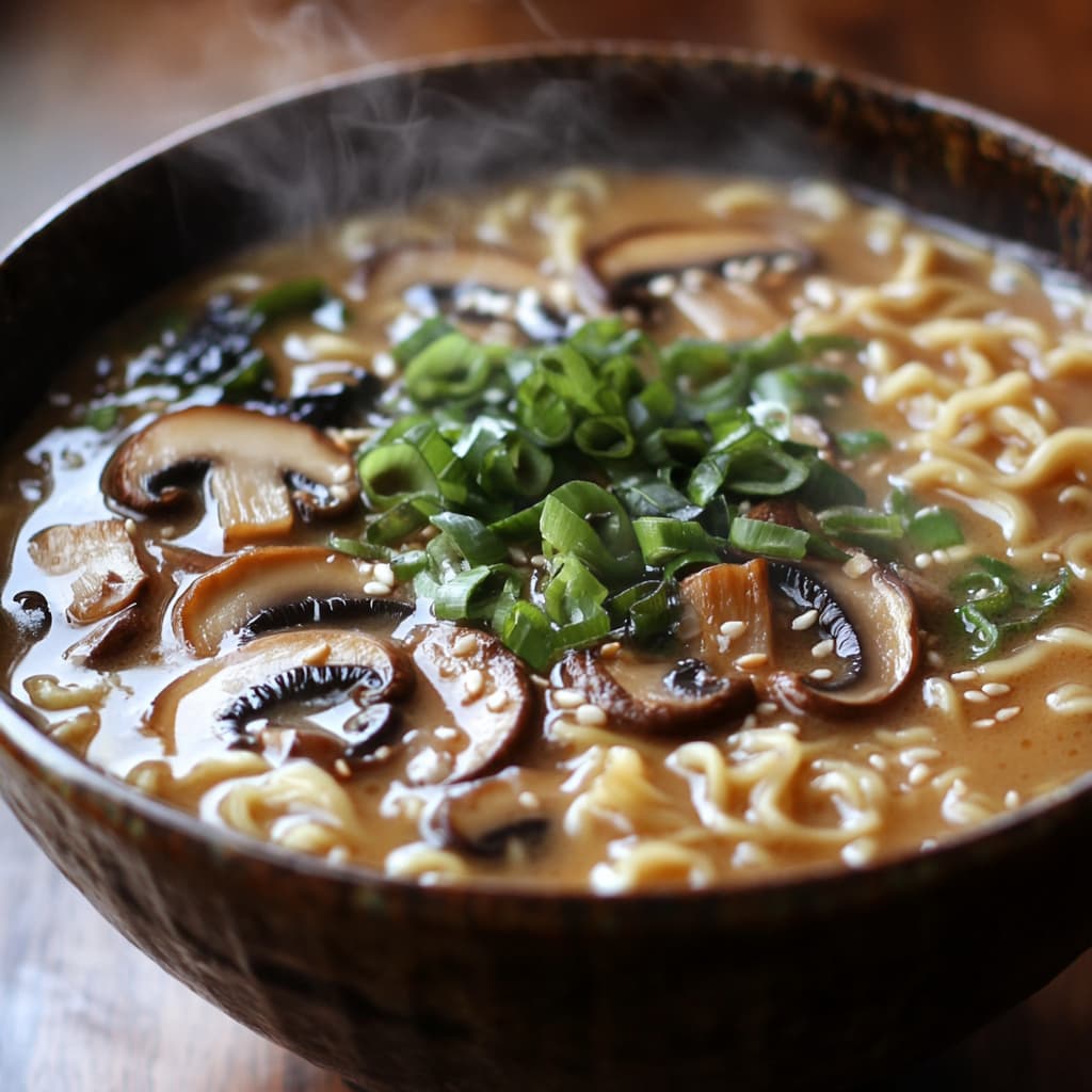 Bol fumant de ramen végétarien au lait de coco, garni d'œufs mollets, de légumes croquants et d’herbes fraîches.