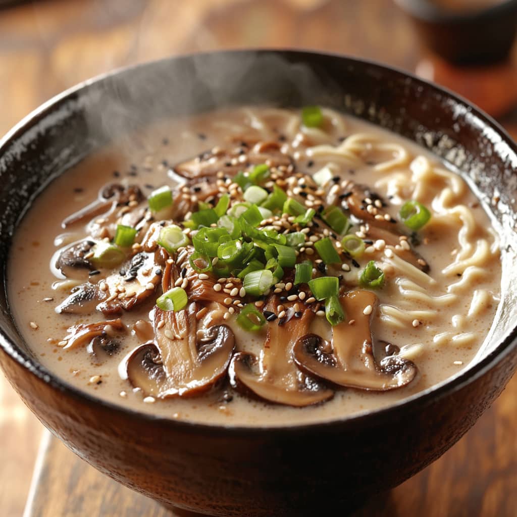 Un bol de ramen végétarien fumant avec un bouillon crémeux à la noix de coco, garni de champignons tranchés, d'oignons verts et de graines de sésame.